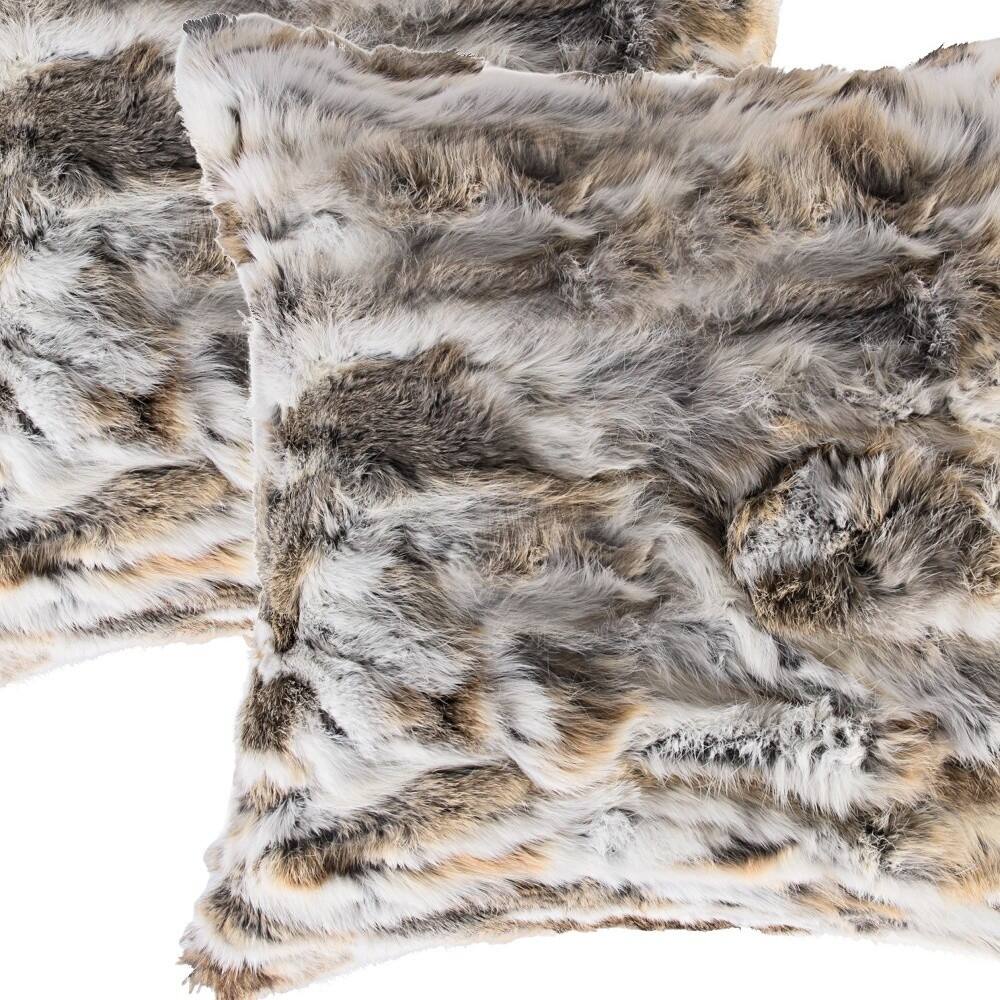 Set Of Two 18" X 18" Tan And White Rabbit Natural Fur Animal Print